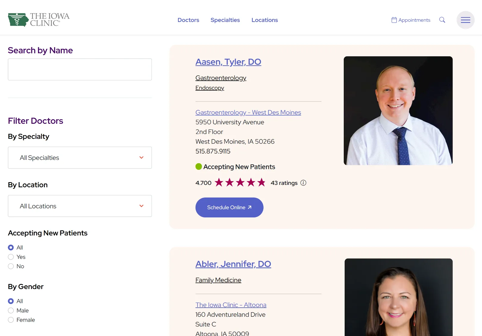 Physician search results showing the imported star ratings